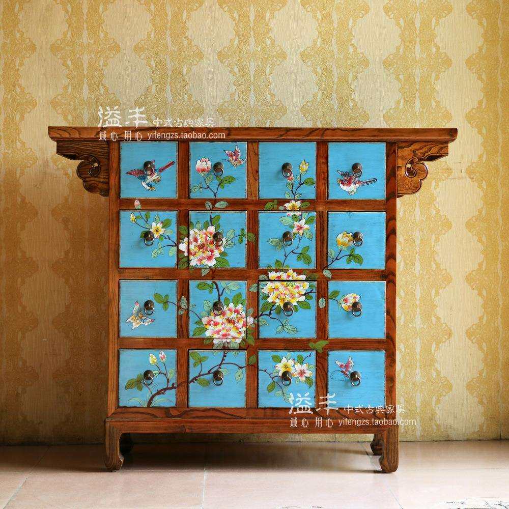 现代新中式仿古典家具实木多斗柜简约储物收纳柜手工彩绘田园玄关