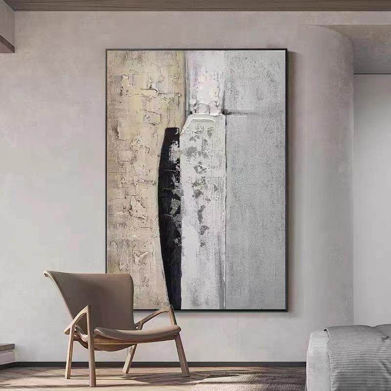 纯手绘黑白灰色装饰画现代简约客厅玄关落地挂画立体肌理抽象油画