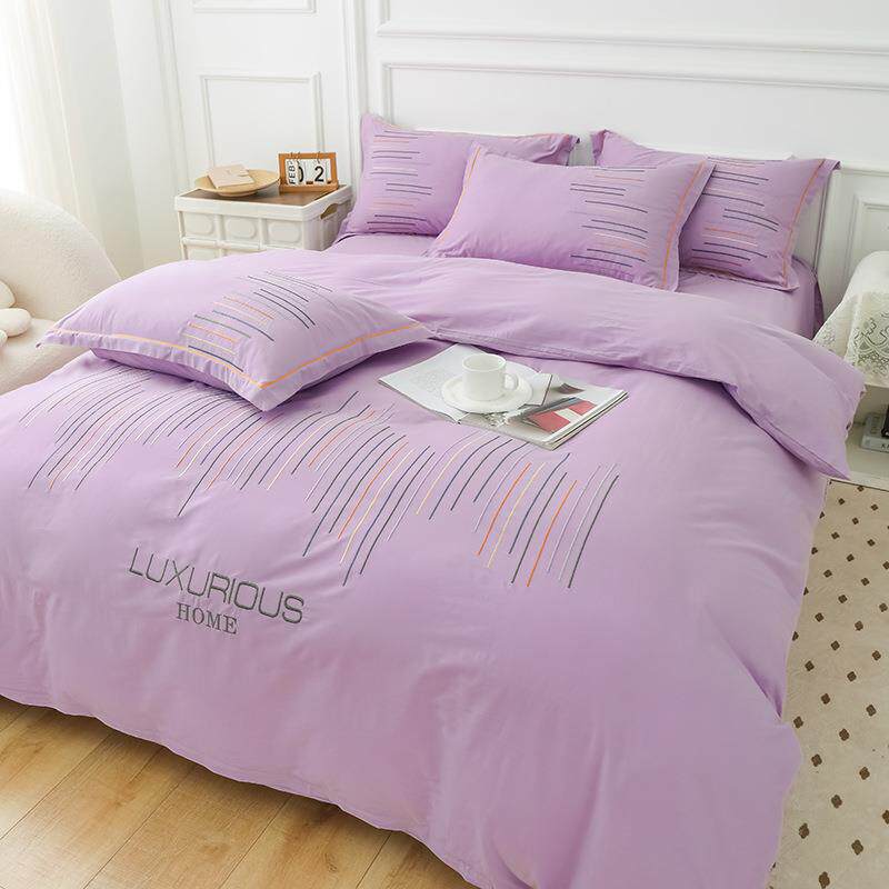 全棉长绒棉绣花四件套纯棉刺绣纯色简约被套床上用品床品套件