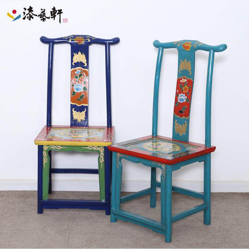 新中式实木彩绘餐椅复古手绘藏式花简约天然榆木实木家具做旧椅子