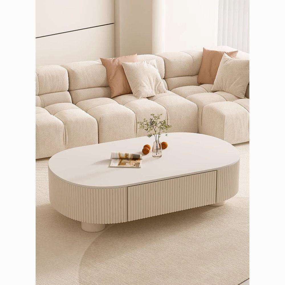 奶油椭圆形岩板2025茶几客厅新款家用小户型储物现代简约高级轻奢