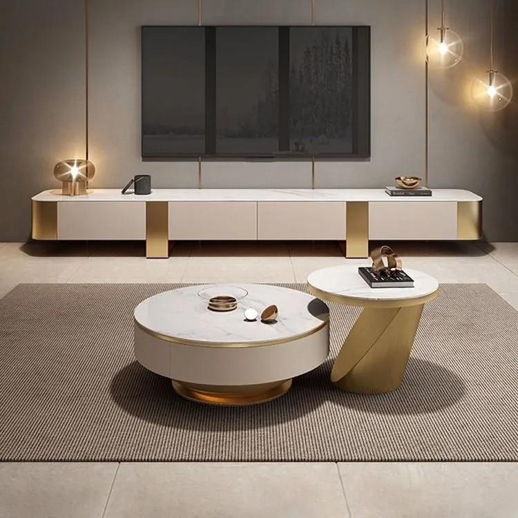 现代简约岩板茶几圆形大小组合带抽屉意式轻奢客厅家用茶几电视柜