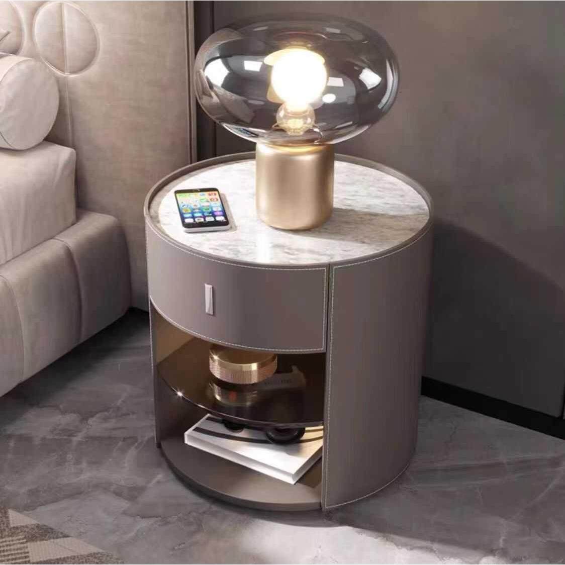 BER8196意式极简圆形马鞍皮床头柜高端设计师风格卧室岩板床边柜,3C数码配件,USB灯,淘宝优惠券,粉丝福利购,淘宝优惠卷