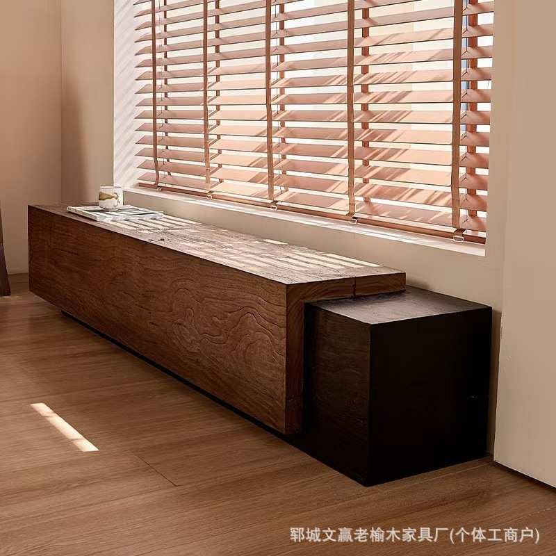 户外实木长条凳商业街风景区休闲椅复古老榆木长条椅子商场歇脚凳