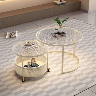 奶油风可移动圆形玻璃茶几子母大小组合客厅家用带轮小户型轻奢