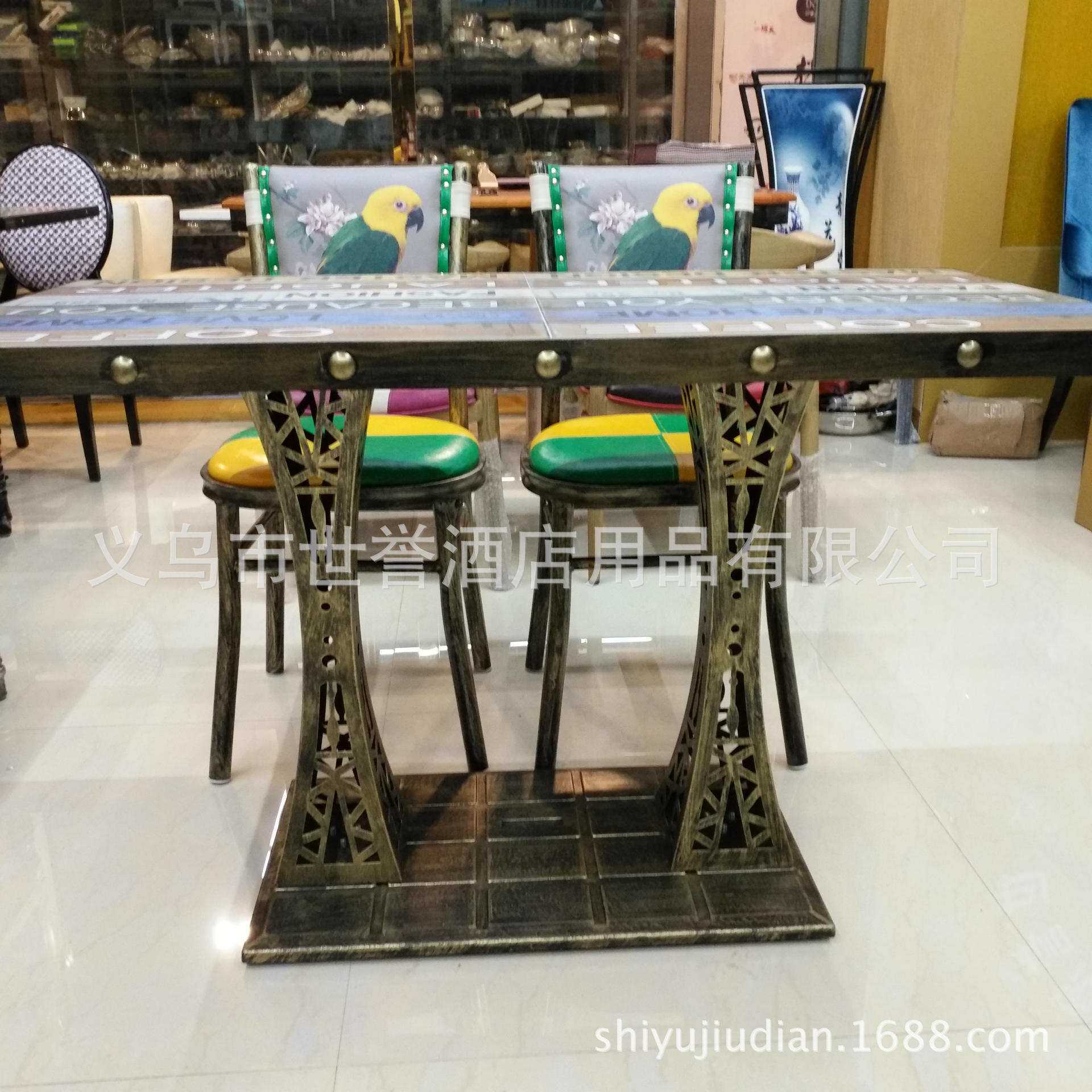 浙江酒店桌椅休闲餐厅瓷砖桌面餐桌复古铁艺双塔桌 餐厅家具直销