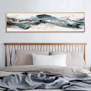 金装素裹新中式装饰画简约卧室床头挂画横幅抽象山水金色招财挂画