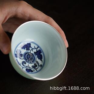 雲由山坊茶杯老豆青青花瓜果锔银口主人杯陶瓷品茗杯单杯