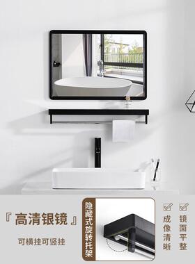 黑色方形浴室镜子卫生间厕所镜子壁挂梳妆镜洗手间化妆镜带置物架