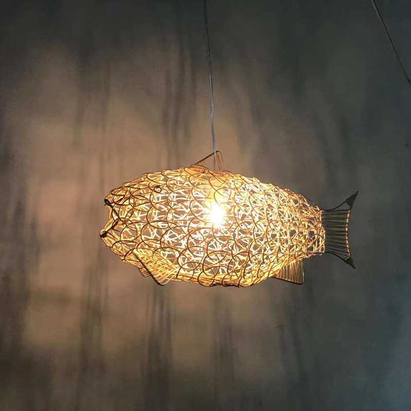 田园餐厅饭店民宿茶室卧室阳台日式竹艺灯笼藤条编织鱼型吊灯