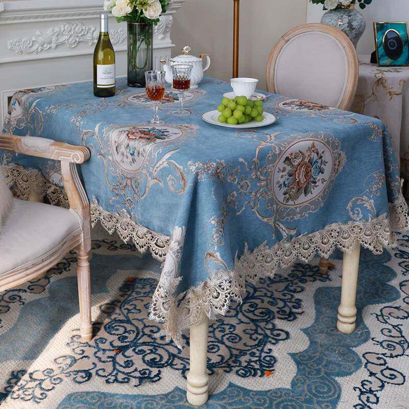 长方形餐桌布轻奢高级感欧式家用蓝色茶几布布艺方桌台布2023新款