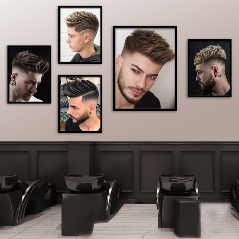 男士油头线条雕刻发型图片理发店墙面装饰画美发店新造型发廊挂画