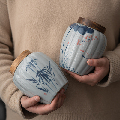 蕴华堂 手绘青花茶叶罐陶瓷密封罐家用绿茶红茶储存罐防潮存茶罐