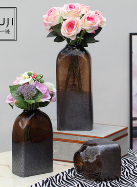 复古怀旧 纯手工刻磨咖啡色棕色吹制玻璃花瓶桌面花器客厅摆件