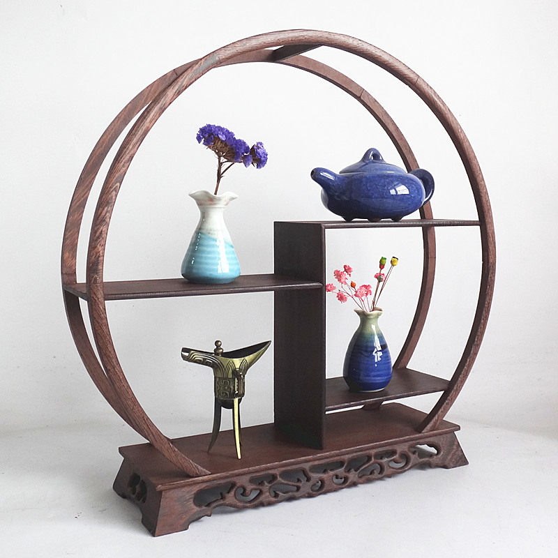 茶壶茶具架子小型博古架实木中式小摆件圆形花梨木鸡翅木多宝阁