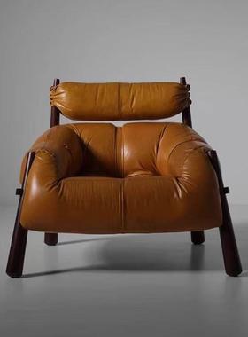 中古风意式意轻奢单人计师阳懒人52770沙发椅台客创厅实木油蜡设