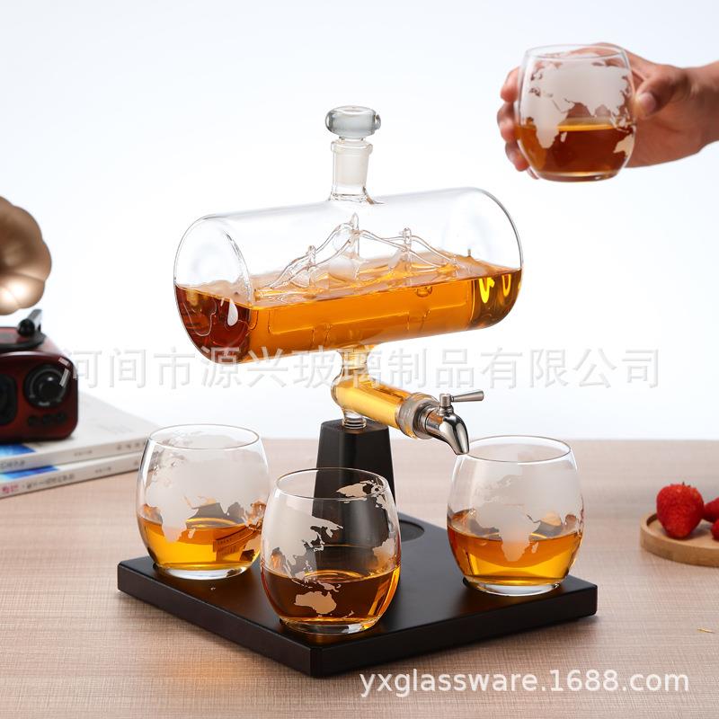 球仪盛酒器奥松板木帆玻璃酒瓶伏特船加架地地球造型玻璃工艺251