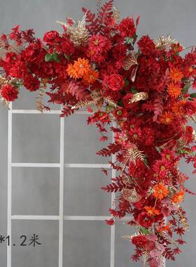 婚红金中式婚礼布花置花艺仿真花REZ区排花路引点背景舞台迎宾套