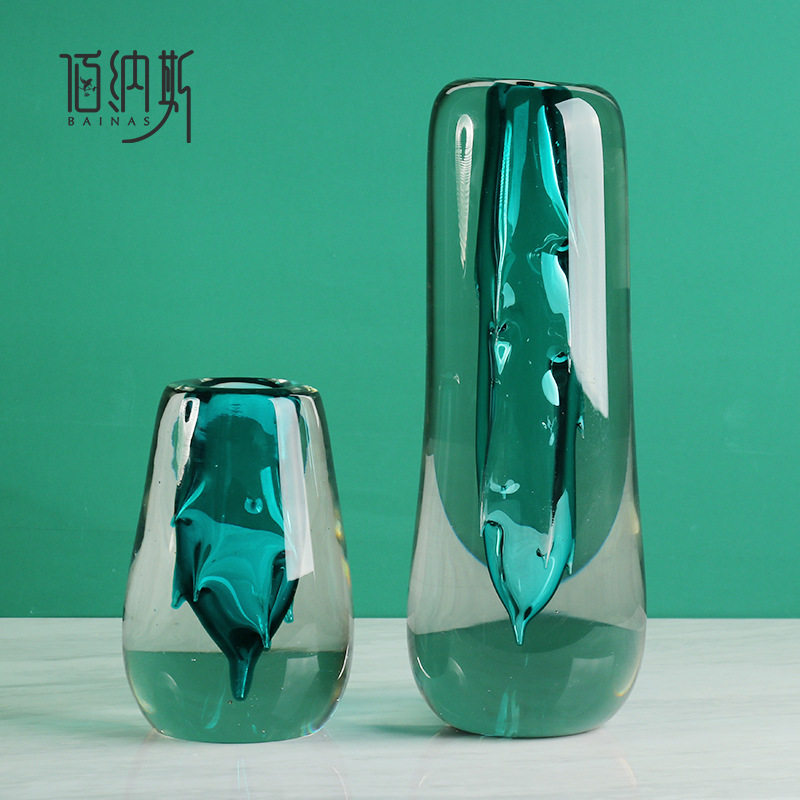 佰纳斯高档透明加厚绿色水晶玻璃花瓶样板房售楼处餐桌装饰小摆件