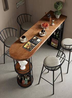 靠墙拆AEX窄桌铁艺实木隔断桌吧组台家具高脚桌椅合可装支架结靠