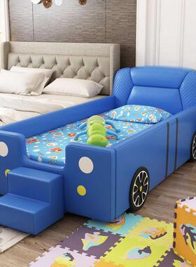 儿童床小汽车男孩单人床1.2m卡通蓝色跑车床带护栏实木拼接加宽床