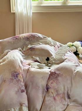 兰精花天数码印法式花卉浪漫荷叶夏天凉感边冰GDG丝四件套被丝套