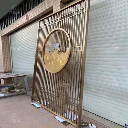 酒板店轻奢入户花格金格栅玄关THK铝迎客松不新中式锈钢客厅屏属