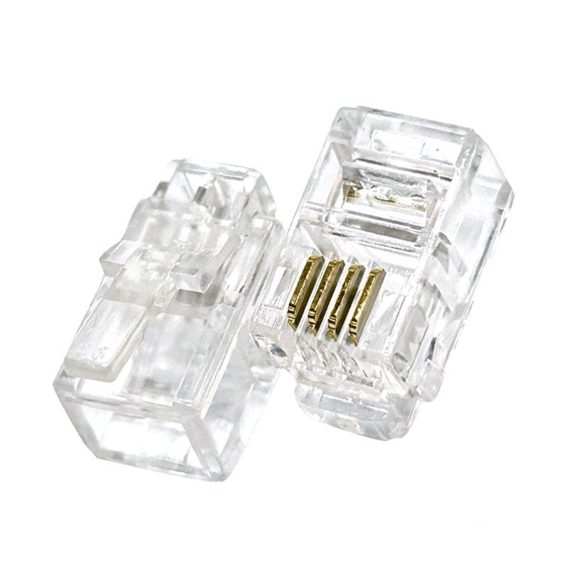 1贝镀金4四芯方电话线接头三叉P4C电话水晶头RJ9/RJ1ZQM听筒线插