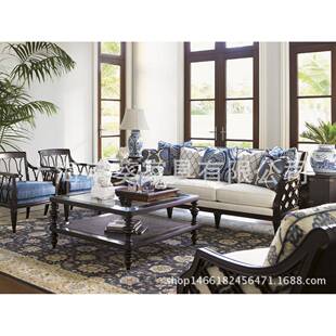 美式实木棉麻编藤三人沙发别墅客厅接待椅样板房展示厅家具洽谈椅