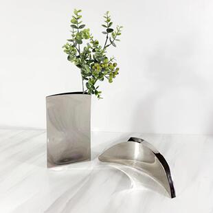 现代简约样板房售楼处几何不锈钢花瓶摆件家居客厅餐桌插花装饰品