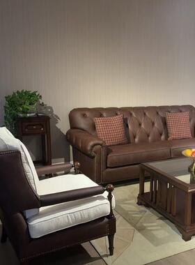 美式真皮沙发棕色做旧油蜡皮直排中古风客厅别墅家具2024新款复古