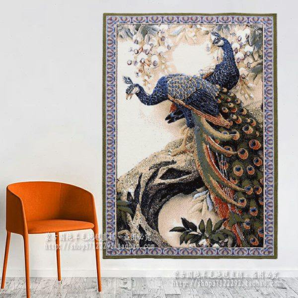 蒙古国纯羊毛客厅卧室书房玄关现代中式孔雀装饰画长方形挂毯壁毯