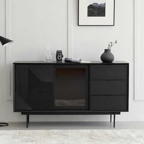 轻奢黑色实木餐边柜客厅靠墙柜子储物柜茶水柜现代复古收纳柜边柜