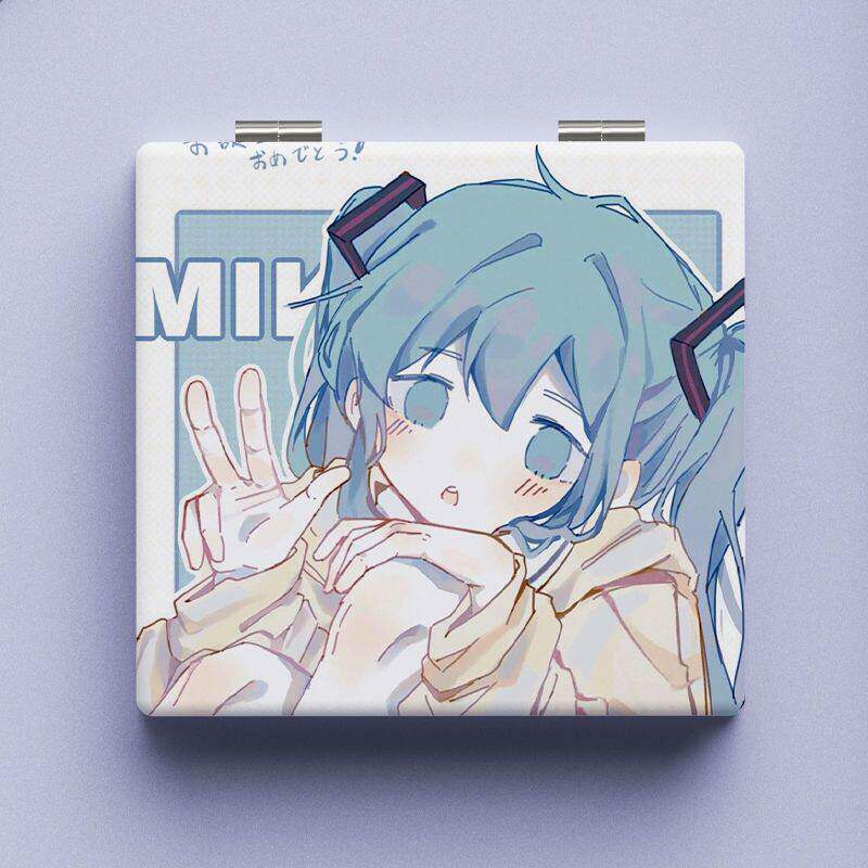初音未来化妆镜可爱双面便携小镜子学生宿舍折叠梳妆镜少女补卡套校牌