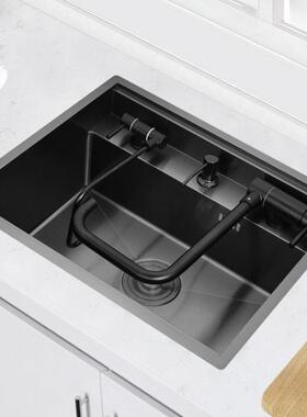 厨房吧台隐藏式水槽纳米黑色不锈钢水槽单槽迷你带盖板中岛茶水间