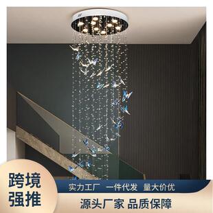 楼梯灯长吊灯彩色水晶蝴蝶现代简约复式楼别墅大厅楼梯井旋转灯具