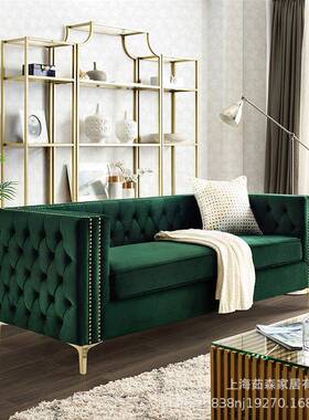 北欧墨绿色丝绒布艺沙发后现代轻奢风小户型客厅拉扣三人沙发现货