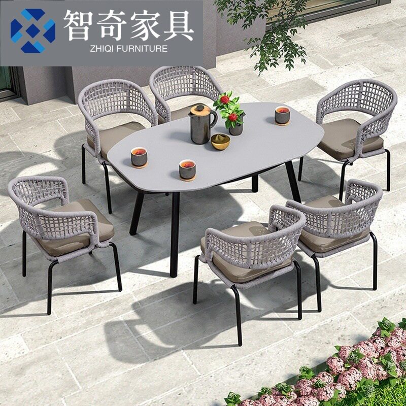 户外绳编餐桌椅组别墅酒店农家乐防水防锈露台花园庭院异型岩板桌