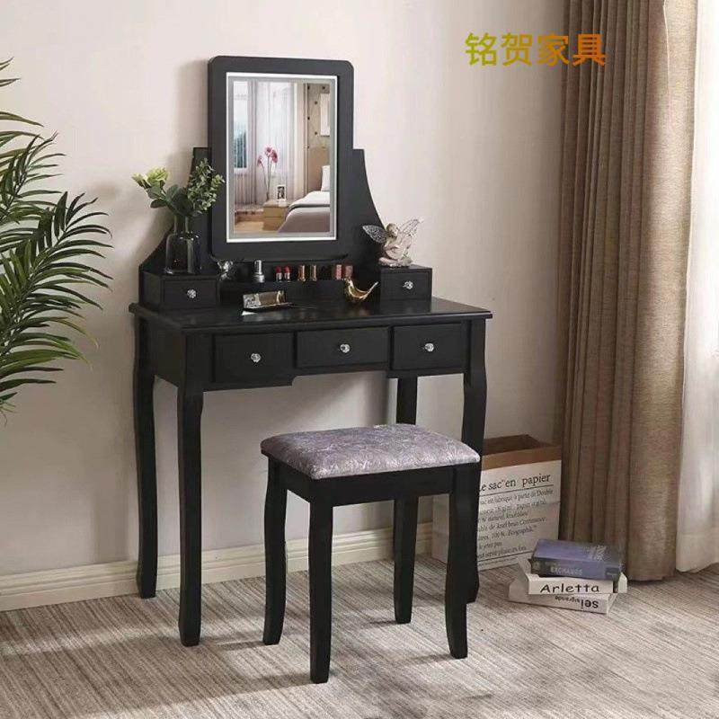 黑色中古风美式复古实木梳妆台带灯深色梳妆台凳子卧室一体