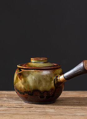 仿古柴烧流釉侧把壶复古窑变陶瓷大容量过滤茶具实木侧把普洱泡茶