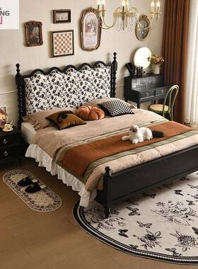 清洋法式实木床复古床1.5主卧1.8美式软包双人床黑色中古风波浪婚