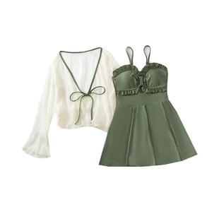 微胖女孩裙式 大码 吊带连体长袖 2024女新款 游泳衣 罩衫 温泉泳衣女款