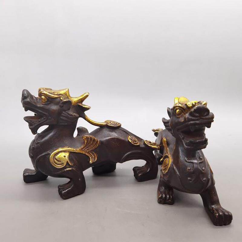 古玩收藏铜器紫铜色鎏金貔貅一对家居摆件仿古鎏金貔貅摆设工艺品