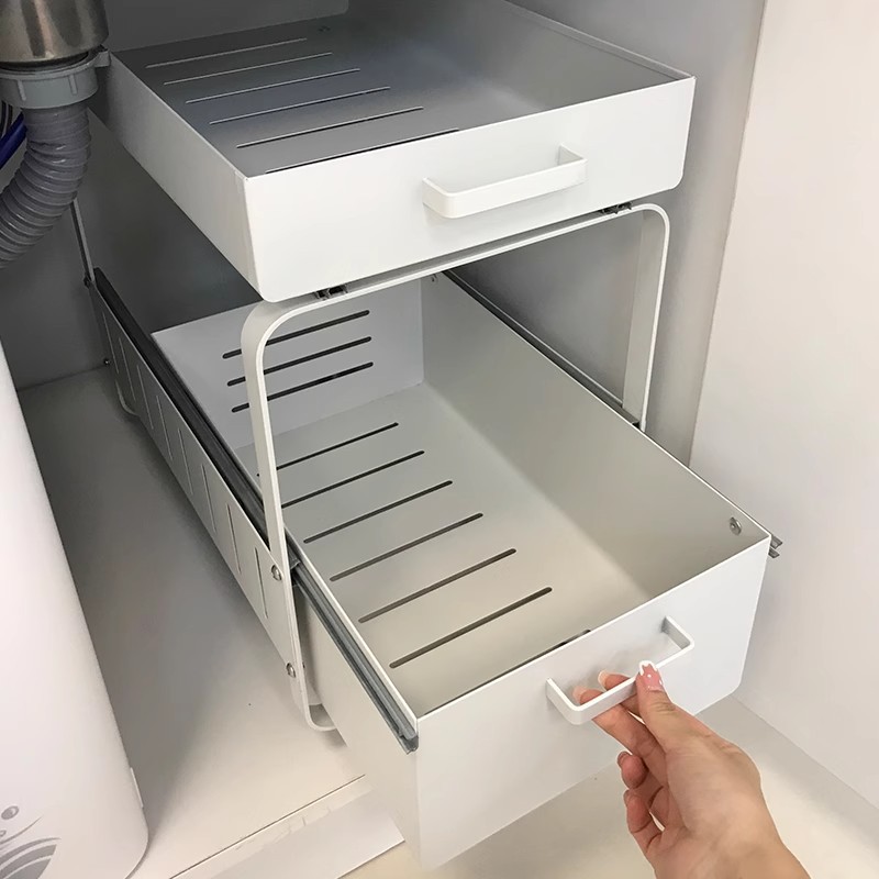 厨房下水槽抽拉收纳架双层抽屉柜置物架橱柜内碗碟储物多功能拉篮