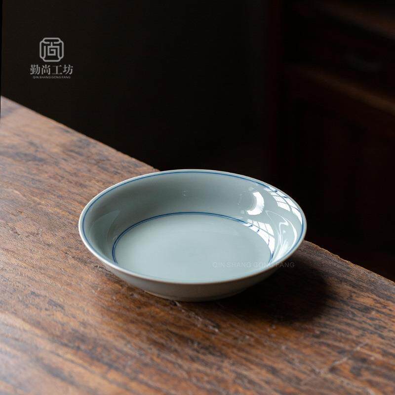 仿古青釉手绘玄纹壶承陶瓷茶道配件干泡盘盖碗底托家用茶点盘果盘