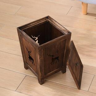 实木DCJ垃圾室桶家用中式客厅卧室茶房质垃圾篓复古镂厨空有盖木