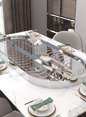 条桌椭传菜YAI电动用回旋传送带长长形圆餐桌不锈钢托盘方旋转转