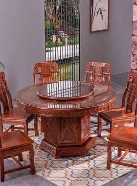 中式实木圆形餐桌雕饭花37733橡大圆桌家用1桌0木人中式仿古餐桌