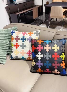 抱枕彩色字花刺绣沙现发靠垫汽十车抱枕代简约客76612厅办靠公室