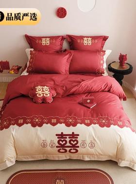 202婚5款A中类NCE100支澳棉全棉婚庆绣花贴布绣四件套结新红色纯